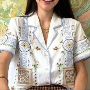 HUNTER BELL WOMEN'S CORA TOP Embroidered White and Blue Women's Top New $395